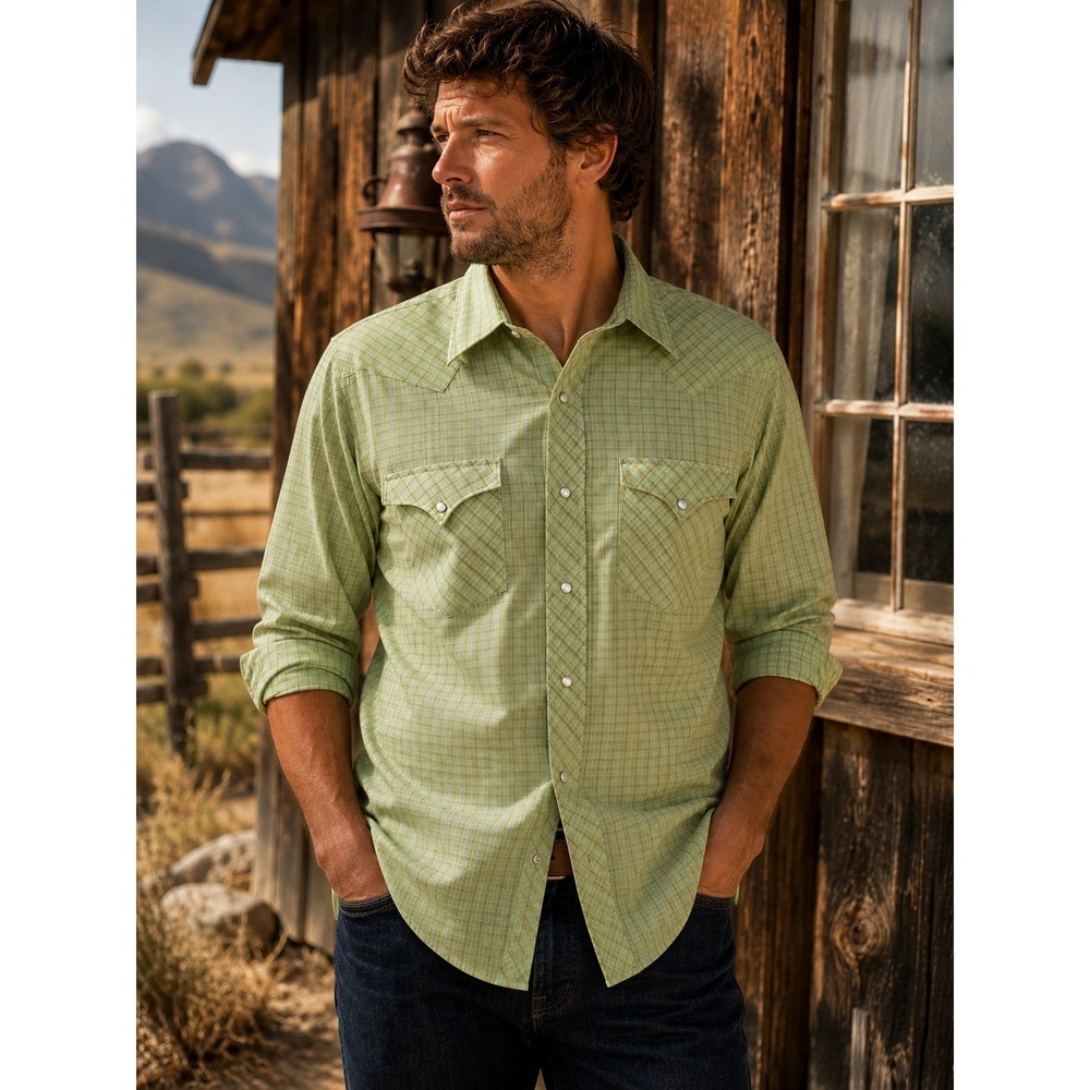 Vintage 60s PENNEY'S Ranchcraft‎ Pearl Snap Western Shirt Green Plaid 17-34 USA
